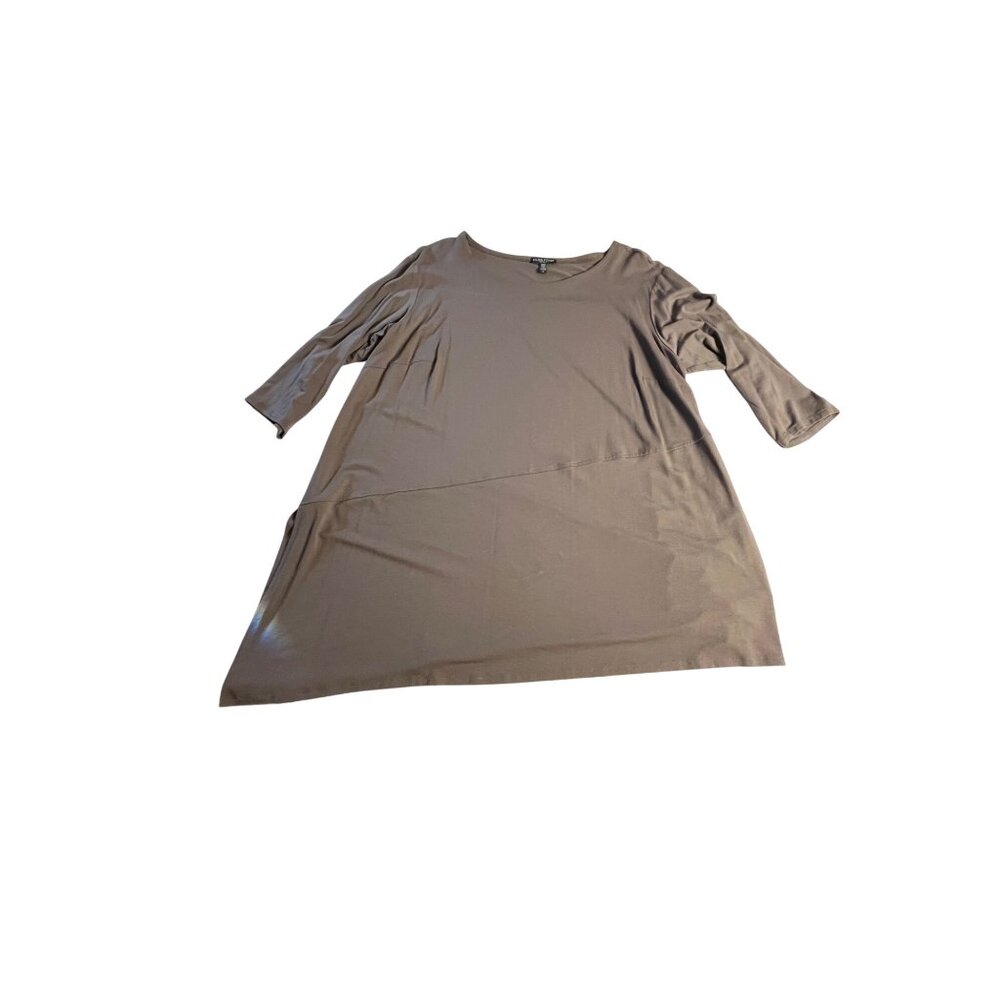Eileen Fisher 1X Brown 3/4  Sleeve Asymmetrical Tunic Top Viscose Spandex Blend